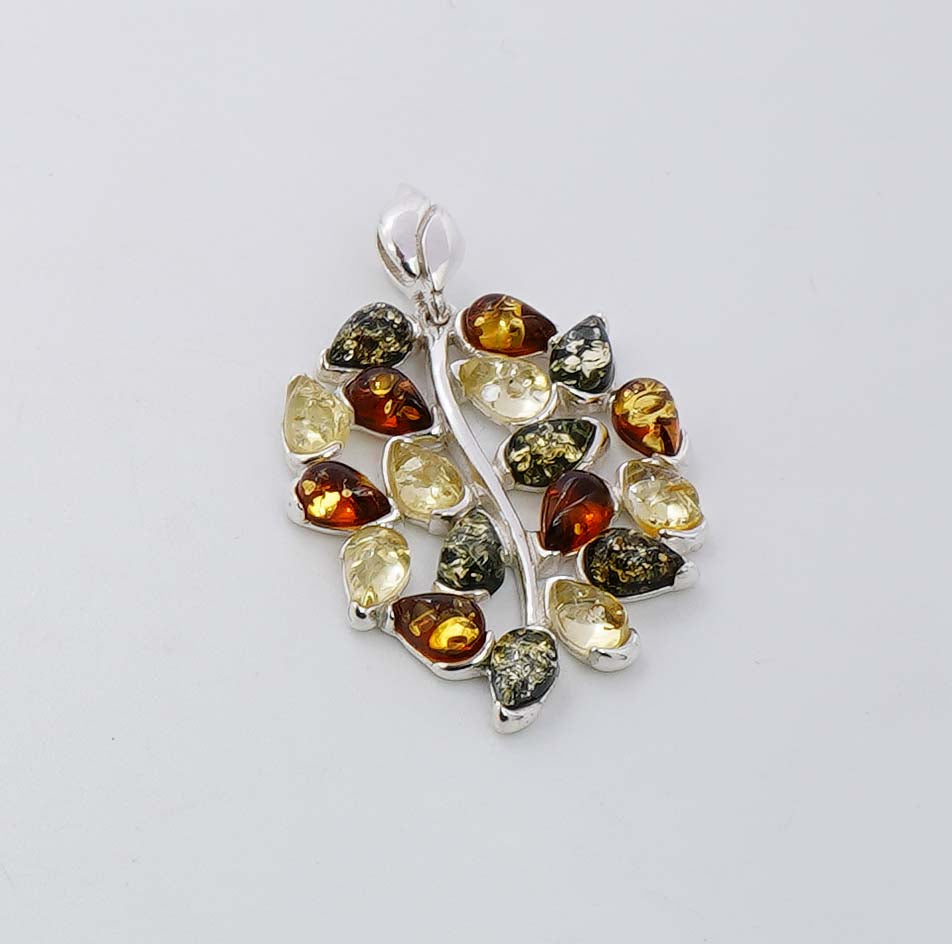 925 Solid Sterling Silver Natural Multi Baltic Amber Leaf Pendant - 5.5 Grams