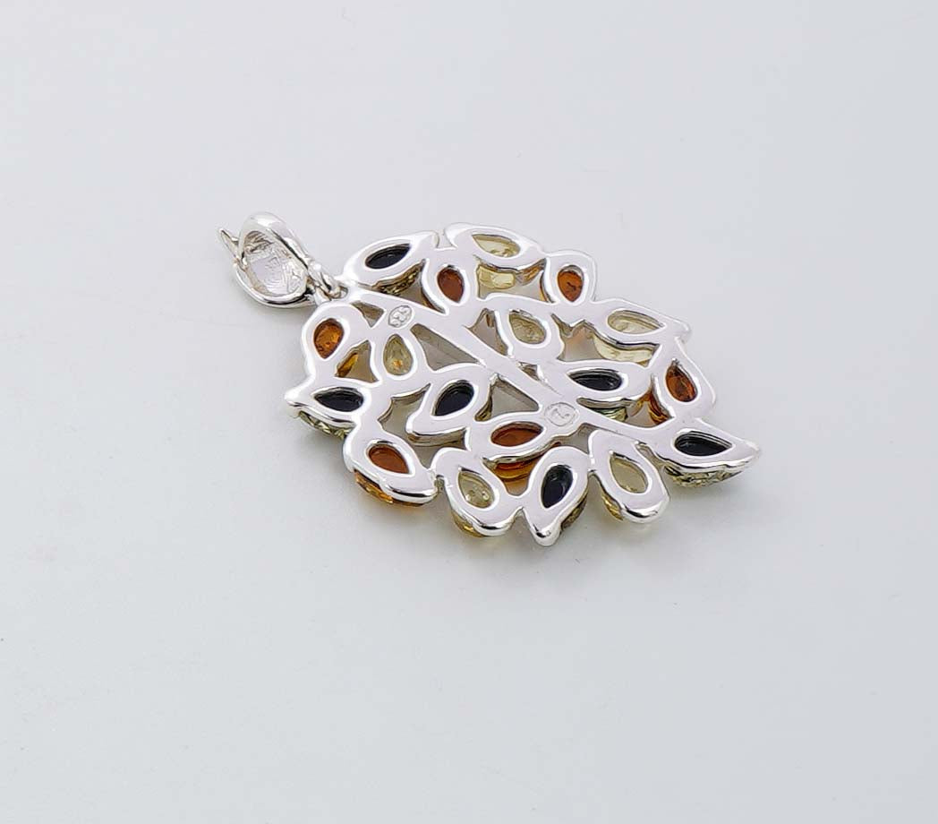 925 Solid Sterling Silver Natural Multi Baltic Amber Leaf Pendant - 5.5 Grams