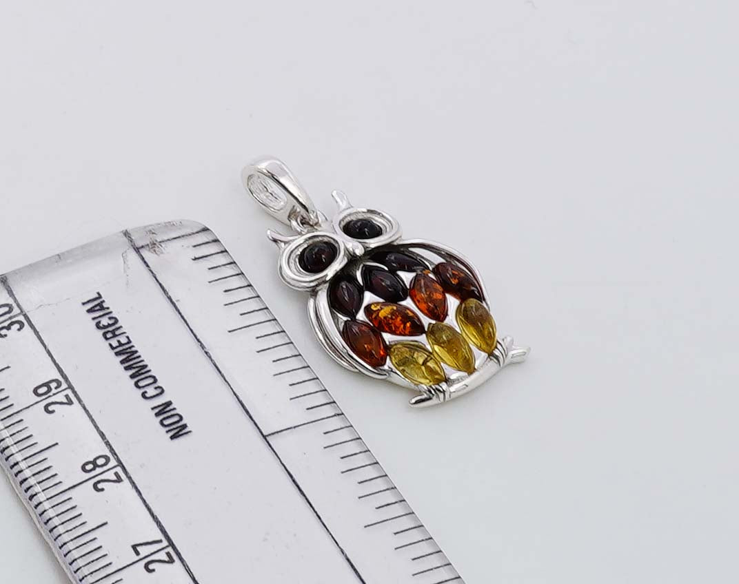 925 Solid Sterling Silver Natural Multi Baltic Amber Owl Pendant - 4 Grams