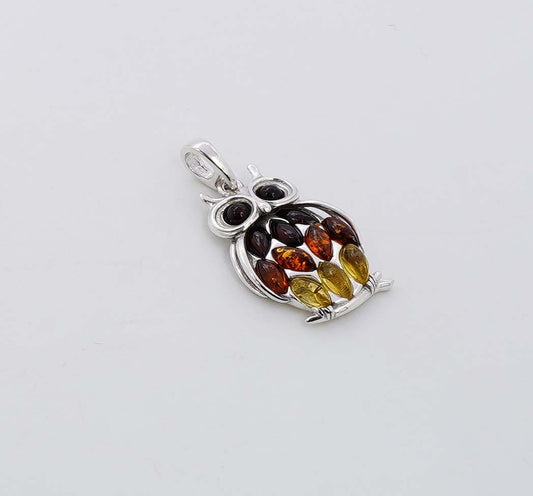 925 Solid Sterling Silver Natural Multi Baltic Amber Owl Pendant - 4 Grams