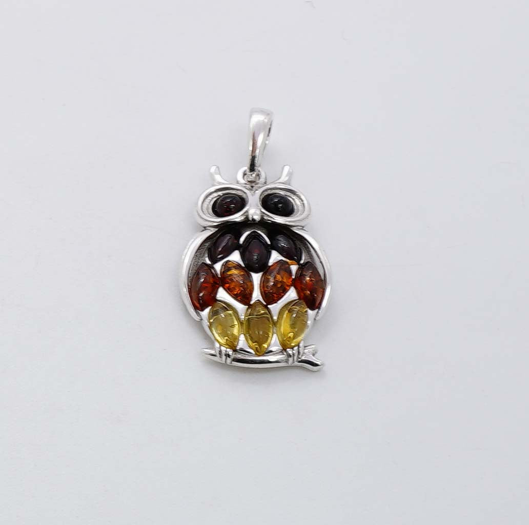 925 Solid Sterling Silver Natural Multi Baltic Amber Owl Pendant - 4 Grams