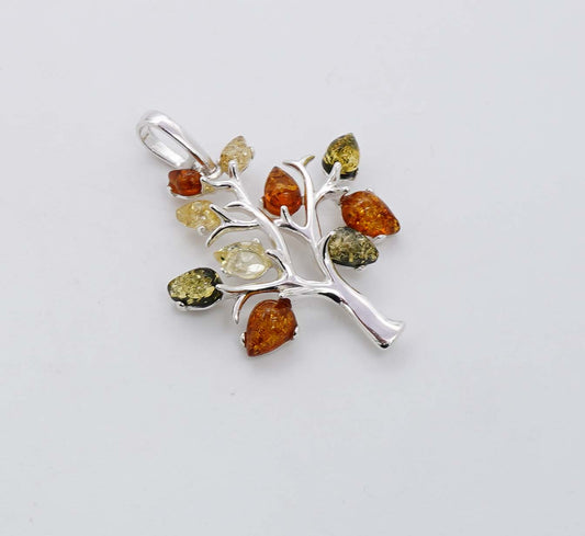 925 Solid Sterling Silver Natural Multi Baltic Amber Tree Of Life Pendant - 4 Grams