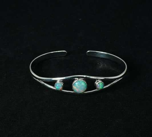 925 Solid Sterling Silver Natural Ethiopian Opal Adjustable Bangle - 12.4 Grams