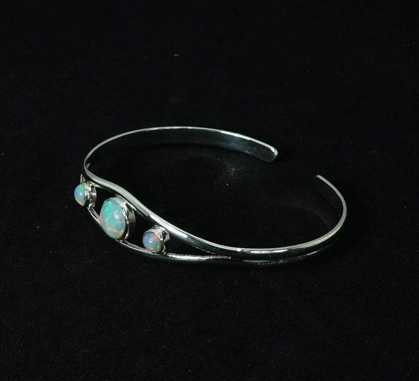 925 Solid Sterling Silver Natural Ethiopian Opal Adjustable Bangle - 12.4 Grams