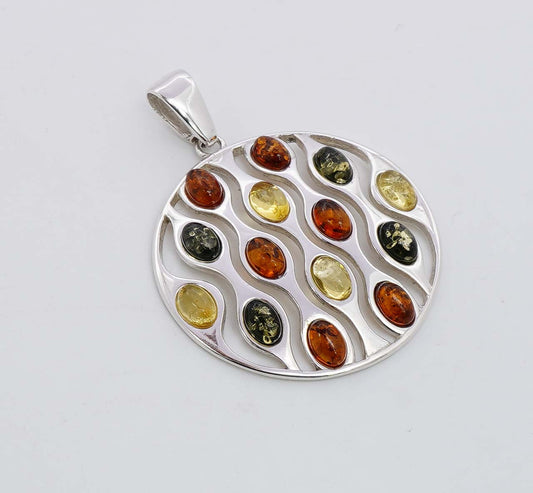 925 Solid Sterling Silver Natural Multi Baltic Amber Pendant - 7.8 Grams