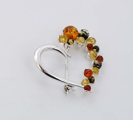 925 Solid Sterling Silver Natural Multi Baltic Amber Brooch - 5.5 Grams