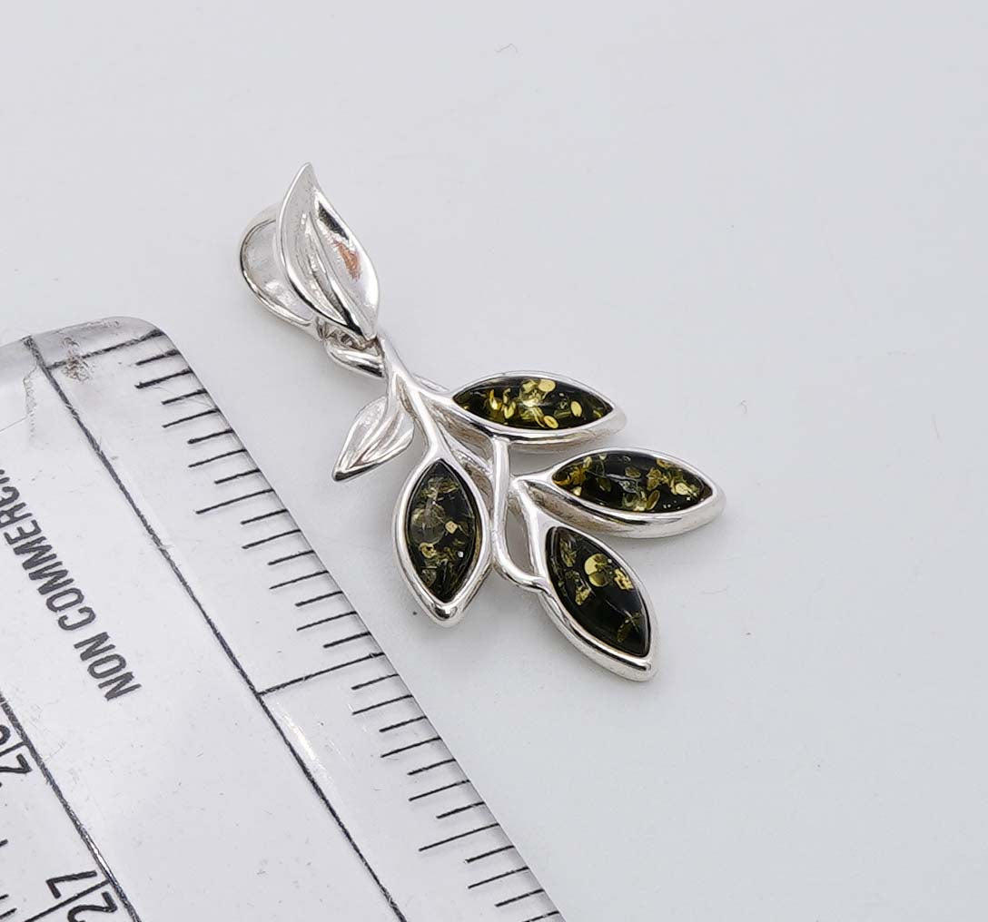 925 Solid Sterling Silver Natural Green Baltic Amber Pendant - 3.4 Grams