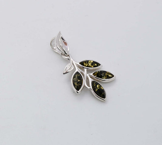 925 Solid Sterling Silver Natural Green Baltic Amber Pendant - 3.4 Grams