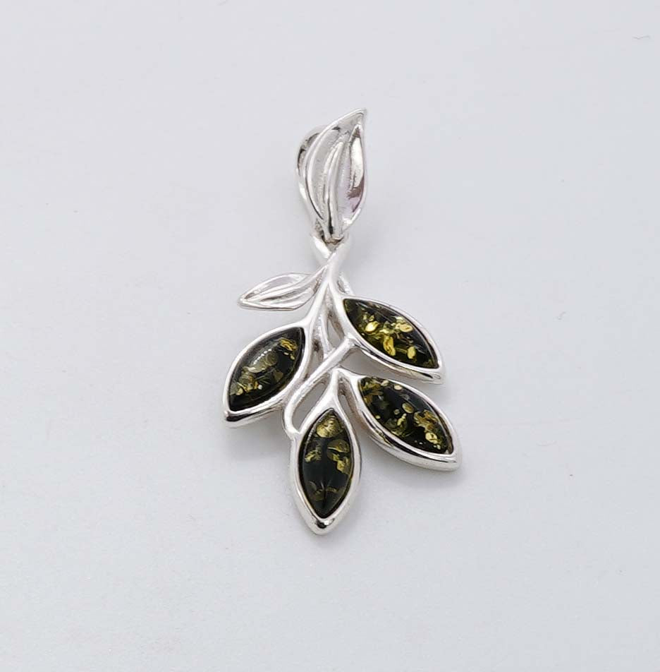 925 Solid Sterling Silver Natural Green Baltic Amber Pendant - 3.4 Grams