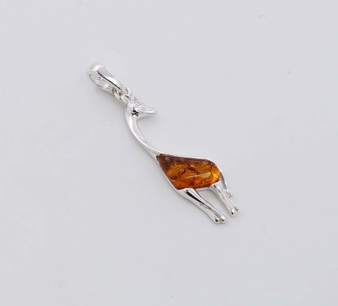 925 Solid Sterling Silver Natural Baltic Amber Giraffe Pendant - 2.2 Grams