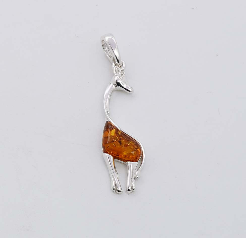 925 Solid Sterling Silver Natural Baltic Amber Giraffe Pendant - 2.2 Grams