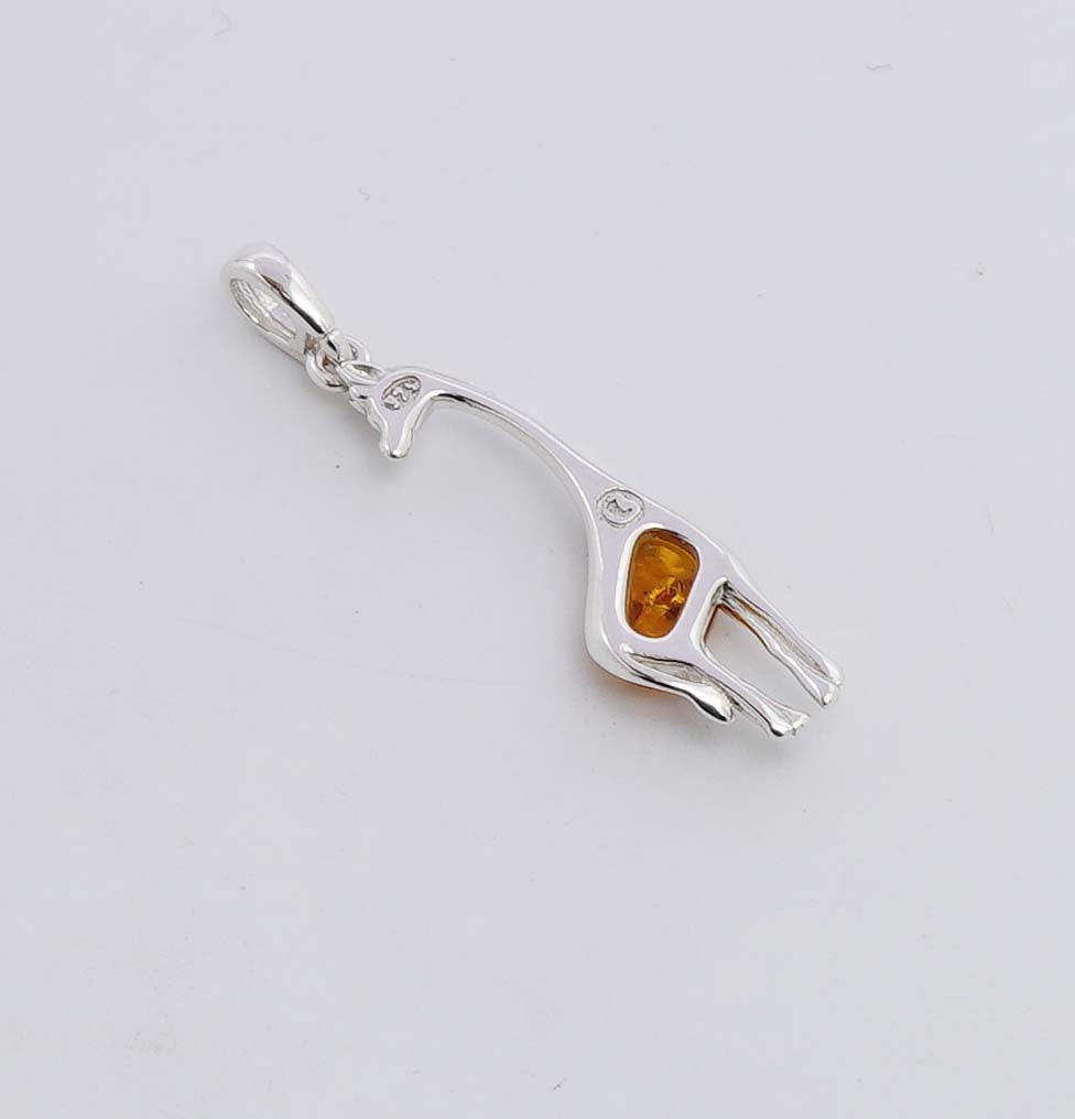 925 Solid Sterling Silver Natural Baltic Amber Giraffe Pendant - 2.2 Grams