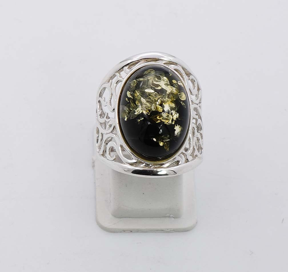 925 Solid Sterling Silver Natural Green Baltic Amber Ring - 6.2 Grams