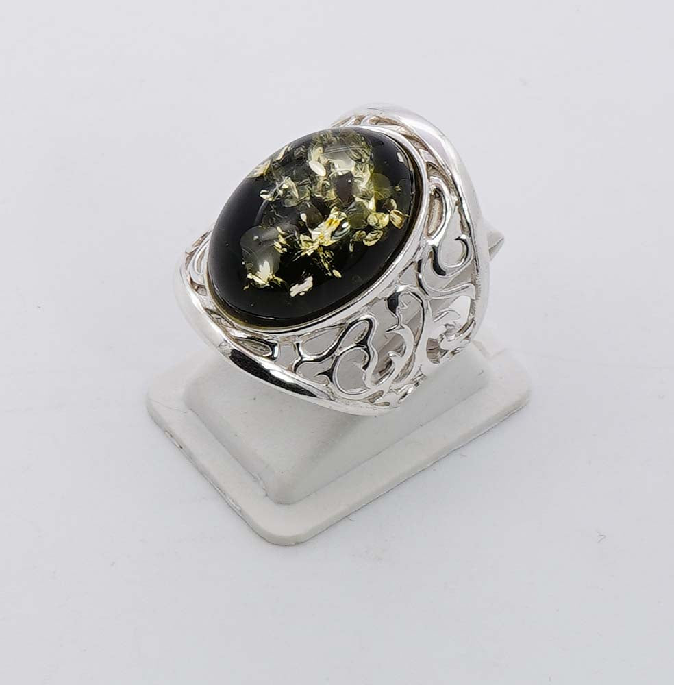 925 Solid Sterling Silver Natural Green Baltic Amber Ring - 6.2 Grams