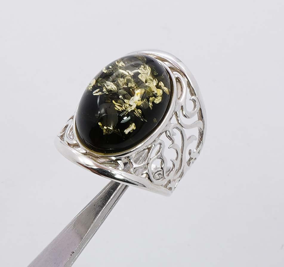 925 Solid Sterling Silver Natural Green Baltic Amber Ring - 6.2 Grams