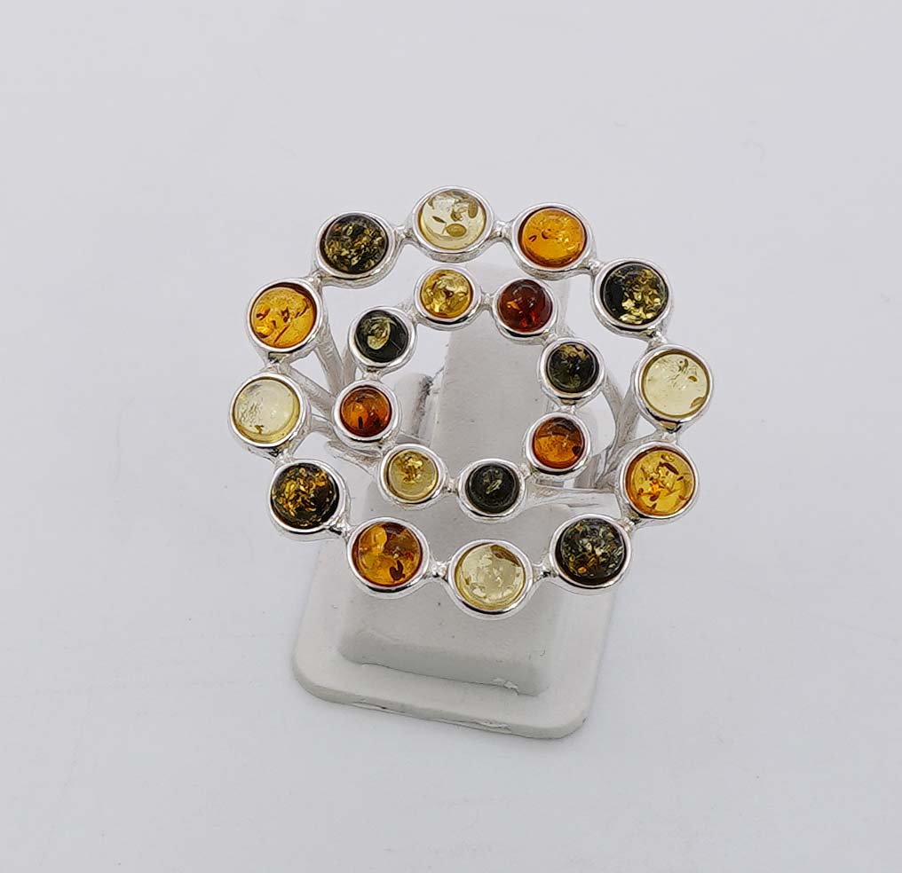 925 Solid Sterling Silver Natural Multi Baltic Amber Big Ring - 6.6 Grams