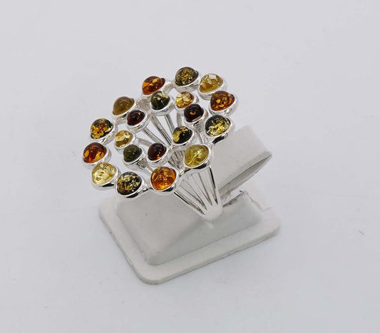 925 Solid Sterling Silver Natural Multi Baltic Amber Big Ring - 6.6 Grams