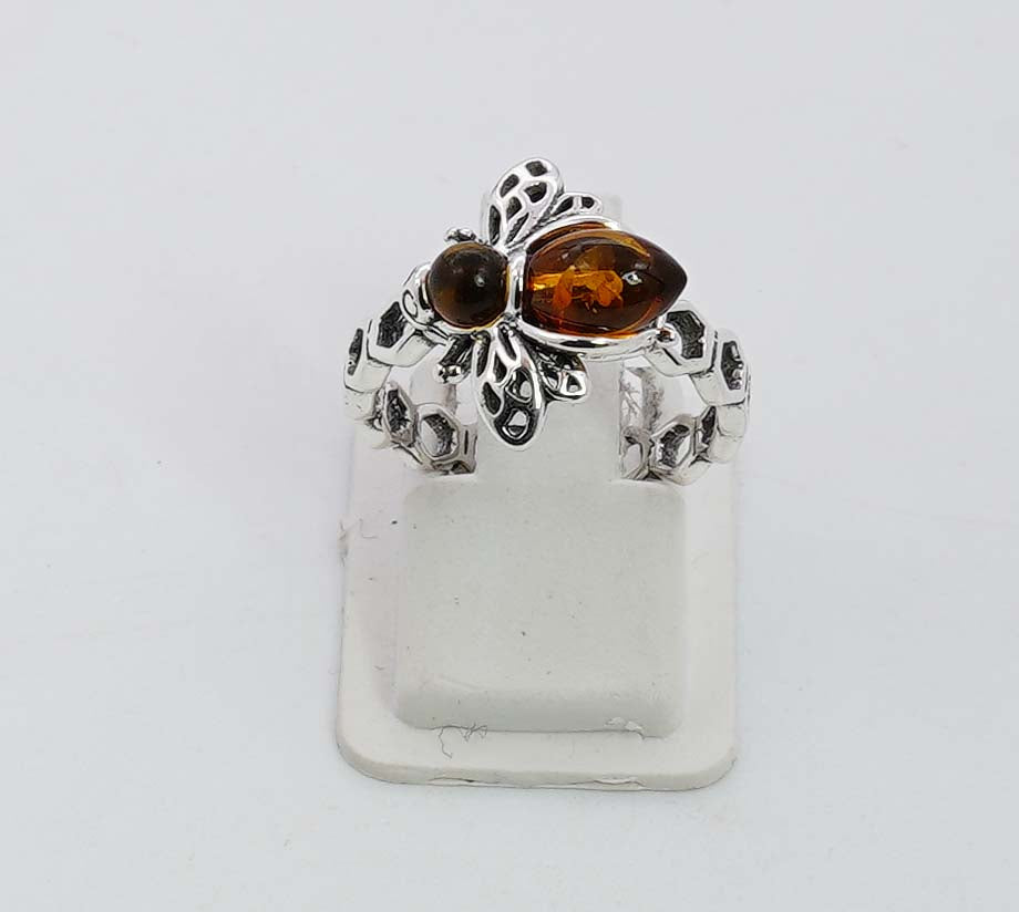 925 Solid Sterling Silver Natural Baltic Amber Bee Style Ring - 2.9 Grams