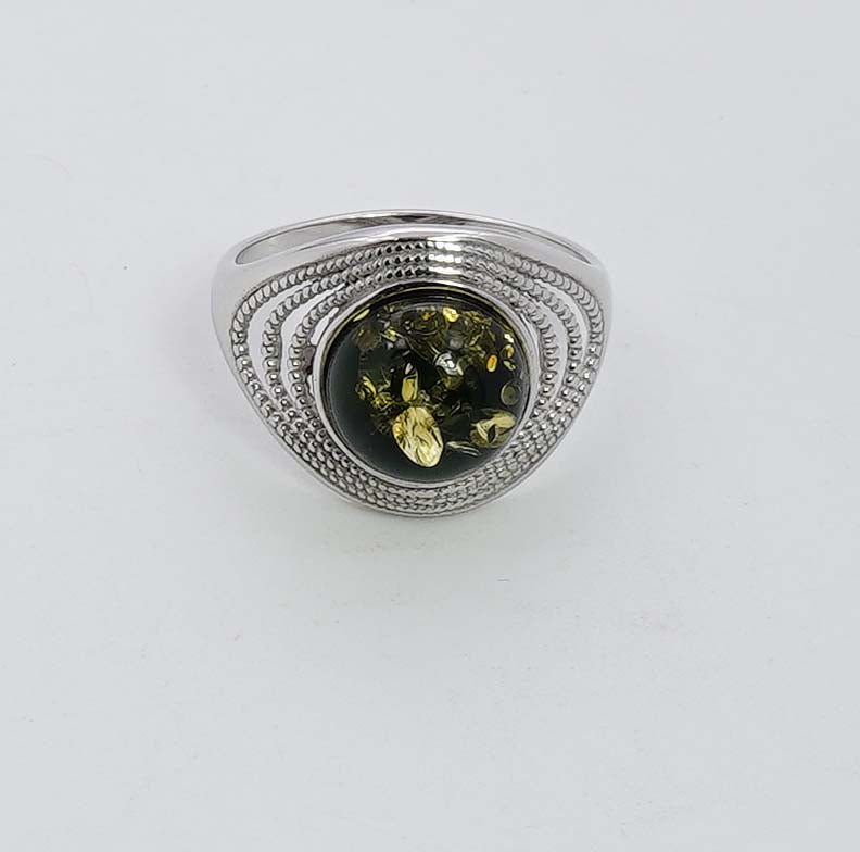 925 Solid Sterling Silver Natural Green Baltic Amber Ring - 3.6 Grams