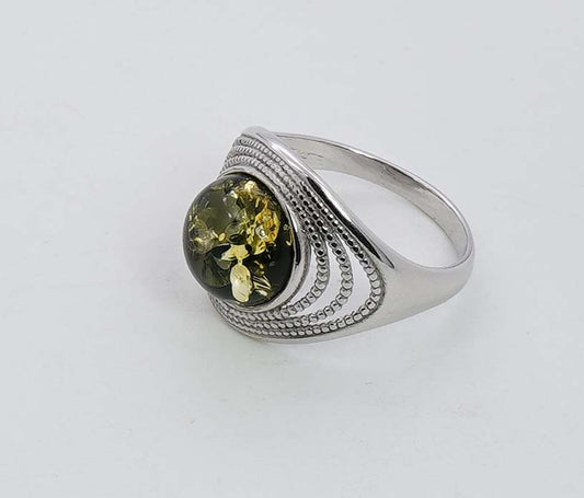 925 Solid Sterling Silver Natural Green Baltic Amber Ring - 3.6 Grams