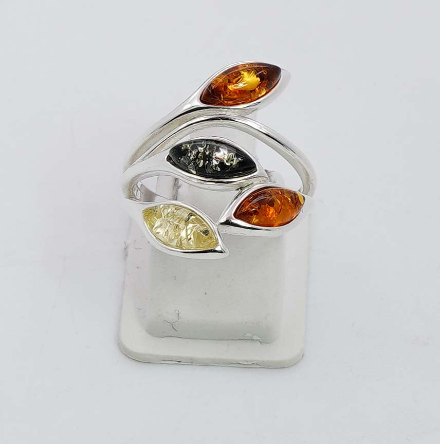 925 Solid Sterling Silver Natural Multi Baltic Amber Leaf style Ring - 5 Grams