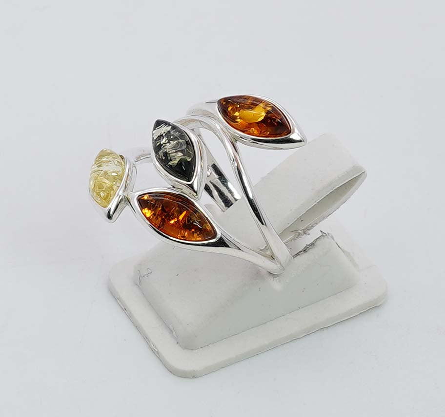 925 Solid Sterling Silver Natural Multi Baltic Amber Leaf style Ring - 5 Grams