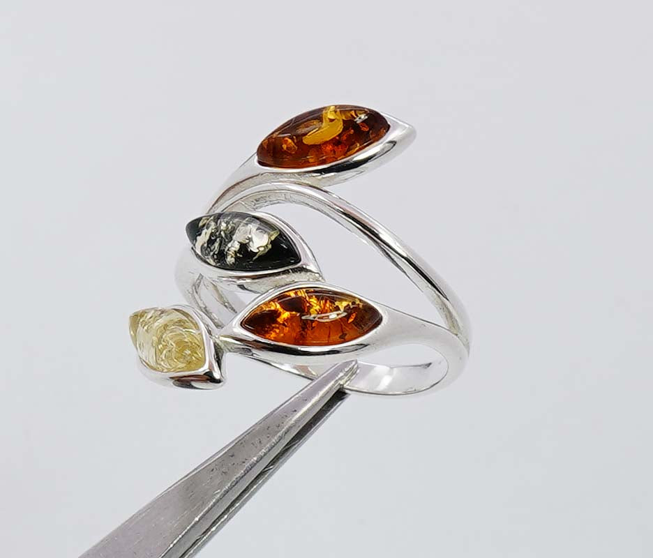 925 Solid Sterling Silver Natural Multi Baltic Amber Leaf style Ring - 5 Grams