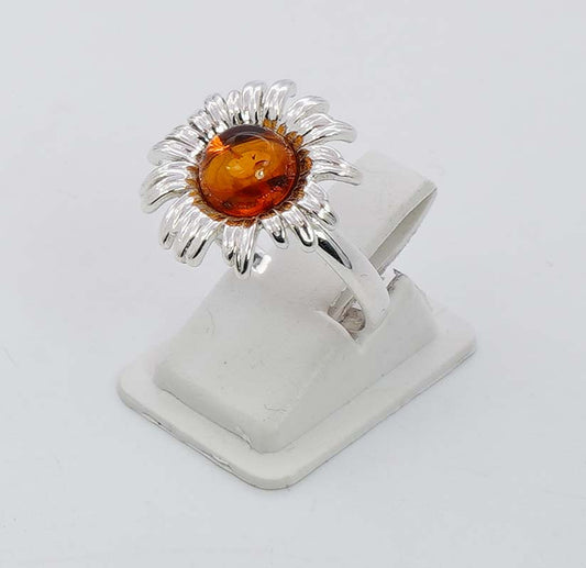 925 Solid Sterling Silver Natural Baltic Amber Sunflower Ring - 4.2 Grams