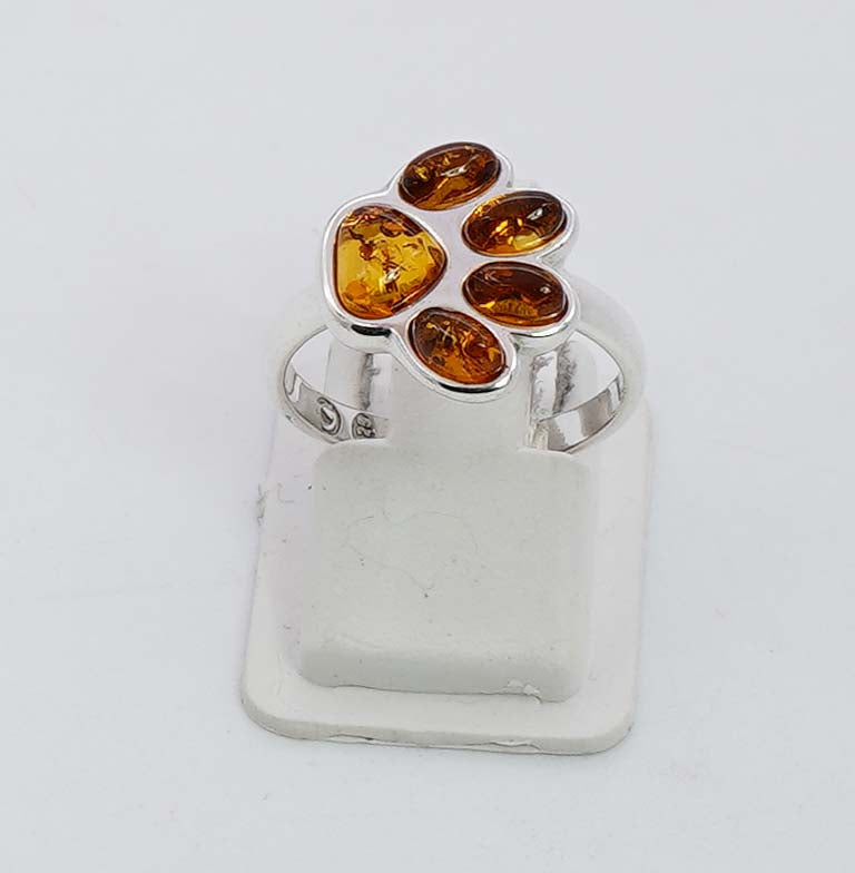 925 Solid Sterling Silver Natural Baltic Amber Paw Style Ring - 3.2 Grams