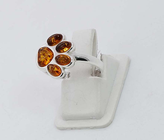 925 Solid Sterling Silver Natural Baltic Amber Paw Style Ring - 3.2 Grams