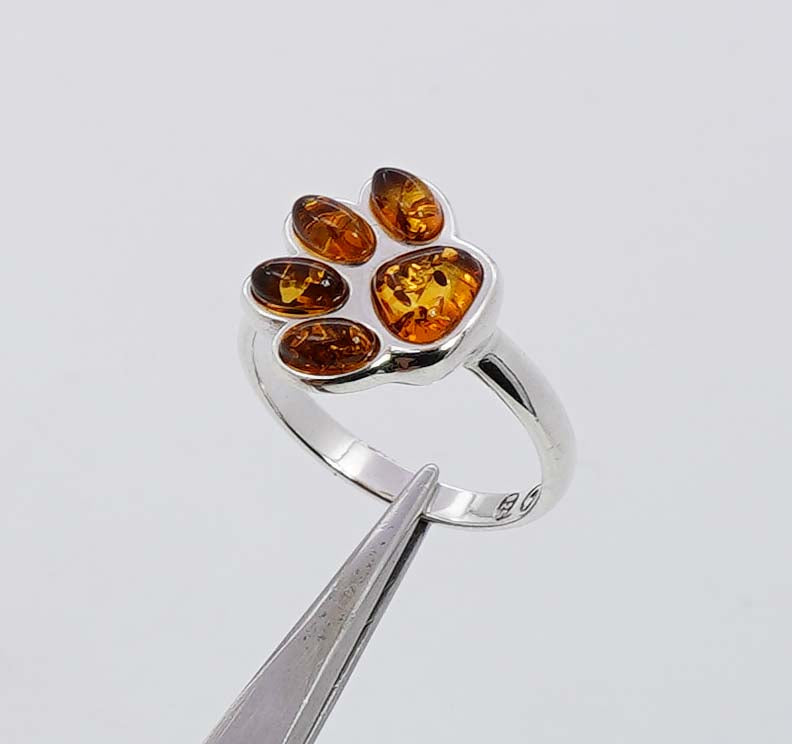 925 Solid Sterling Silver Natural Baltic Amber Paw Style Ring - 3.2 Grams