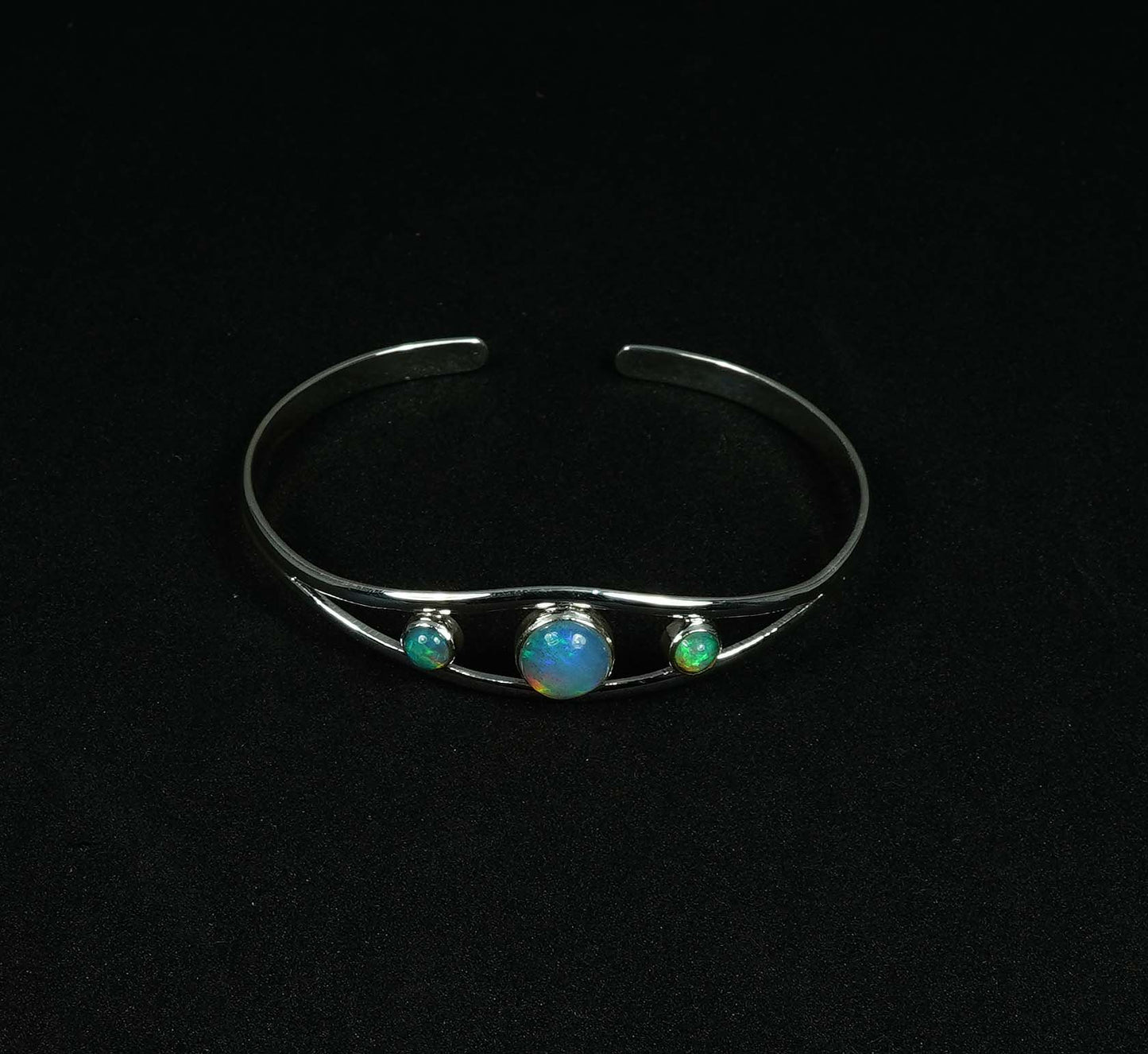 925 Solid Sterling Silver Natural Ethiopian Opal Adjustable Bangle - 12.4 Grams