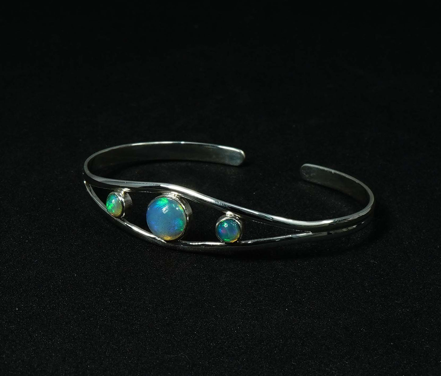 925 Solid Sterling Silver Natural Ethiopian Opal Adjustable Bangle - 12.4 Grams