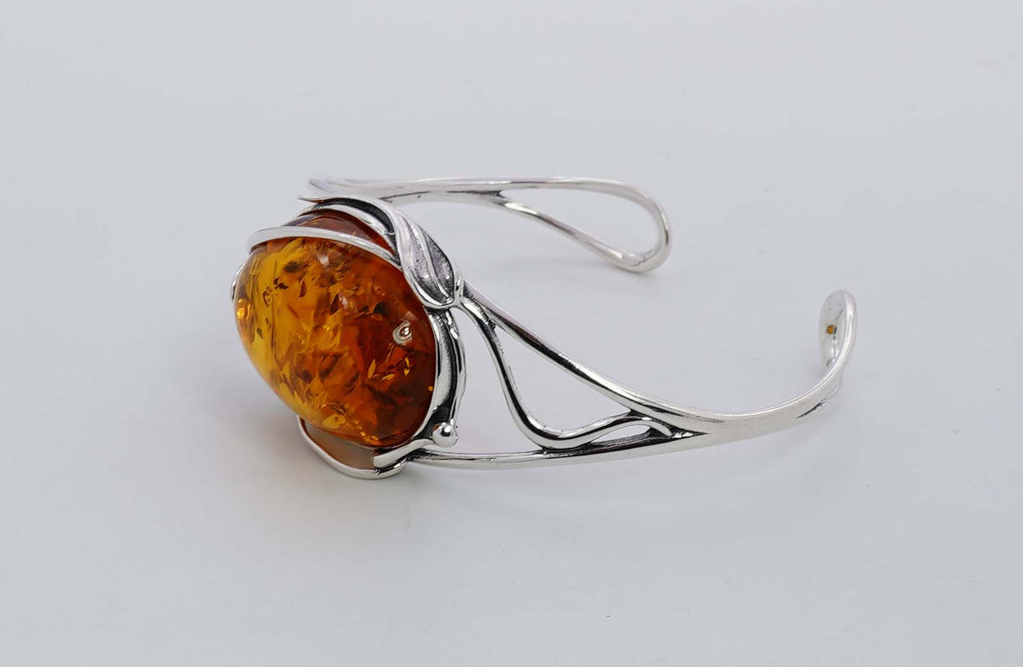 925 Solid Sterling Silver Natural Baltic Amber Adjustable Bangle - 18 Grams