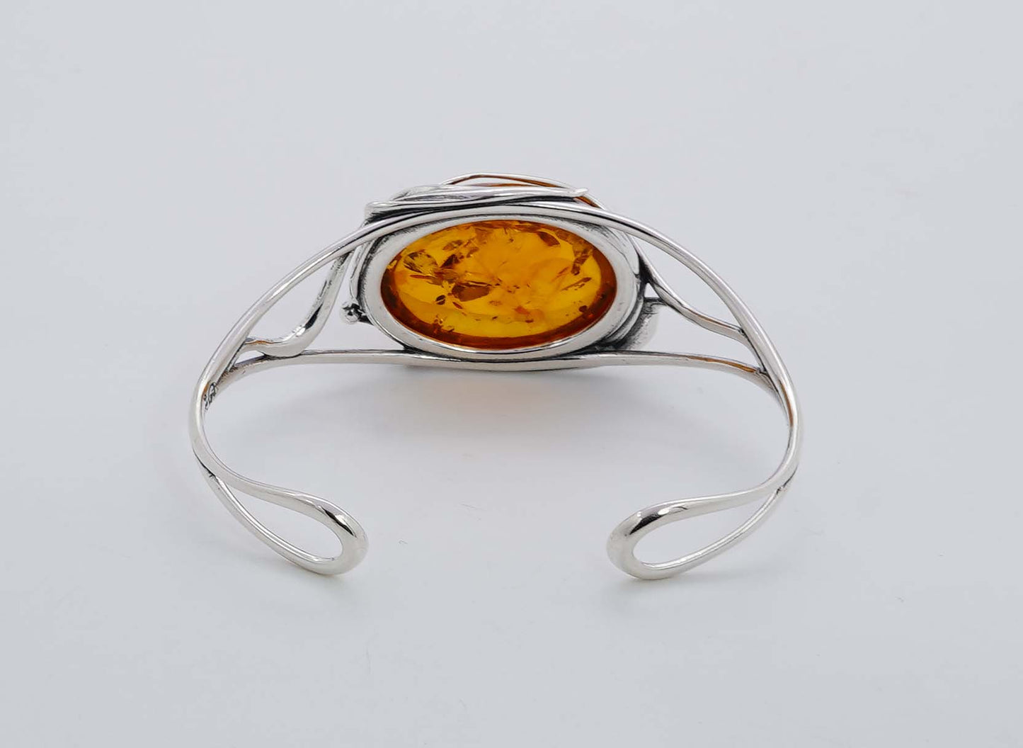 925 Solid Sterling Silver Natural Baltic Amber Adjustable Bangle - 18 Grams