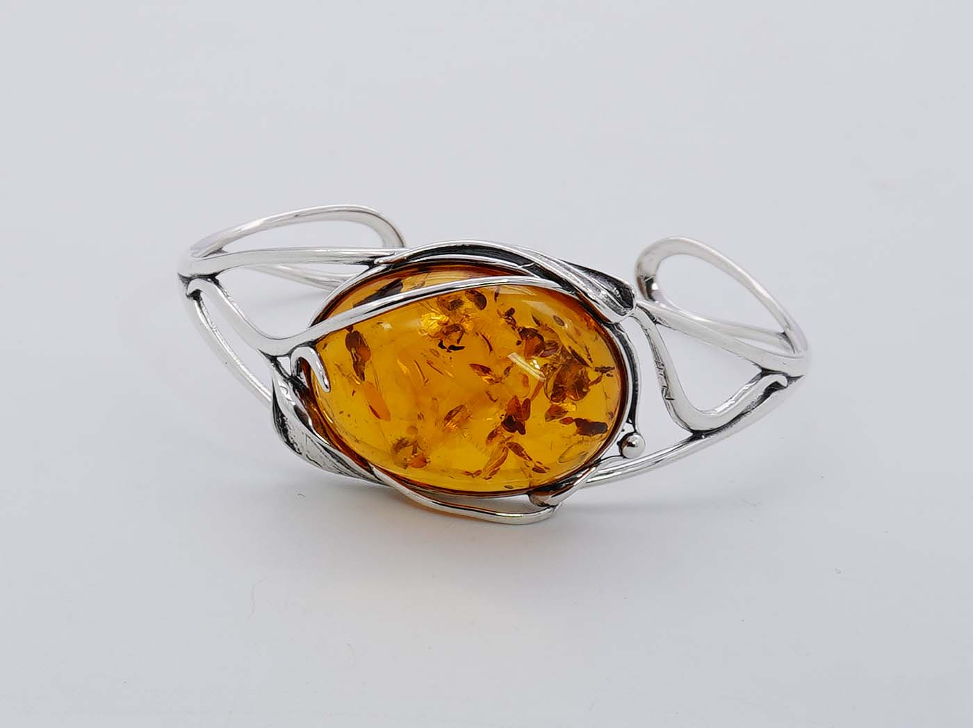 925 Solid Sterling Silver Natural Baltic Amber Adjustable Bangle - 18 Grams