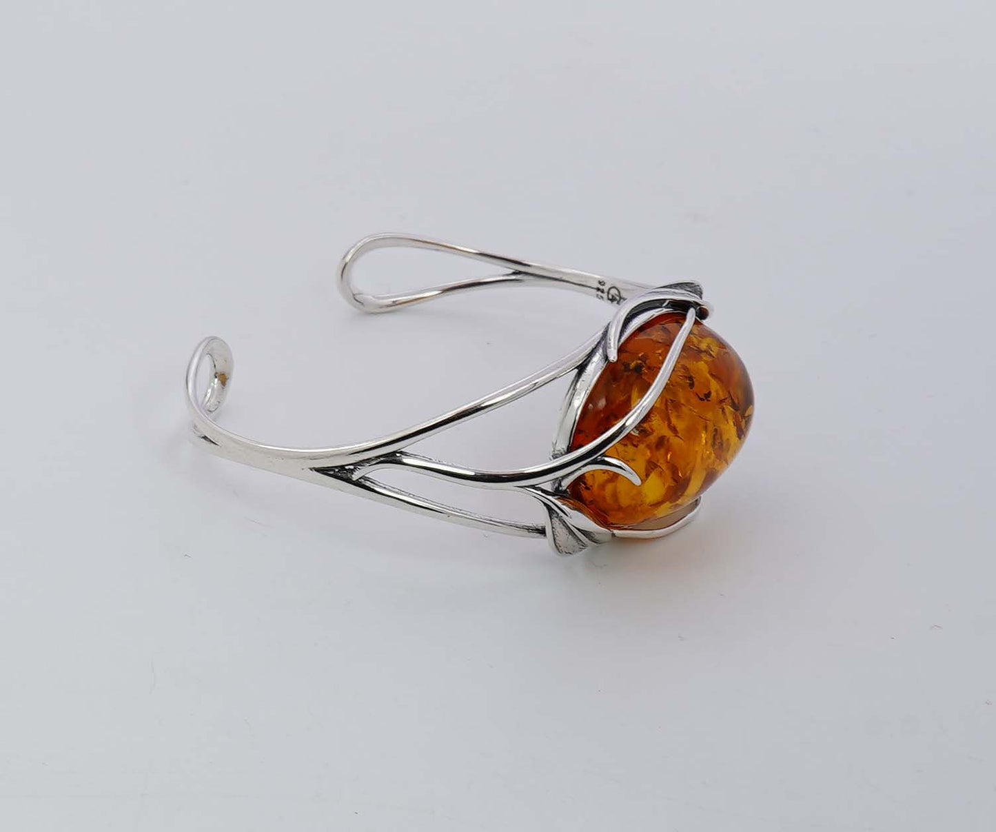 925 Solid Sterling Silver Natural Baltic Amber Adjustable Bangle - 18 Grams