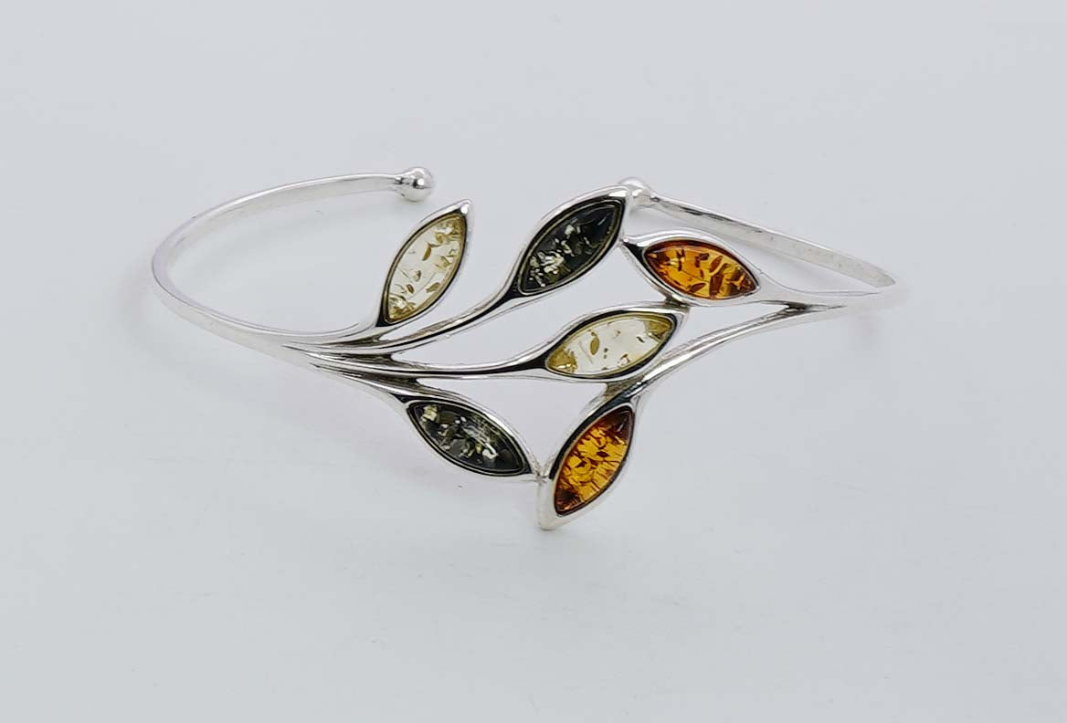 925 Solid Sterling Silver Natural Multi Baltic Amber Leaf Style Adjustable Bangle - 10 Grams