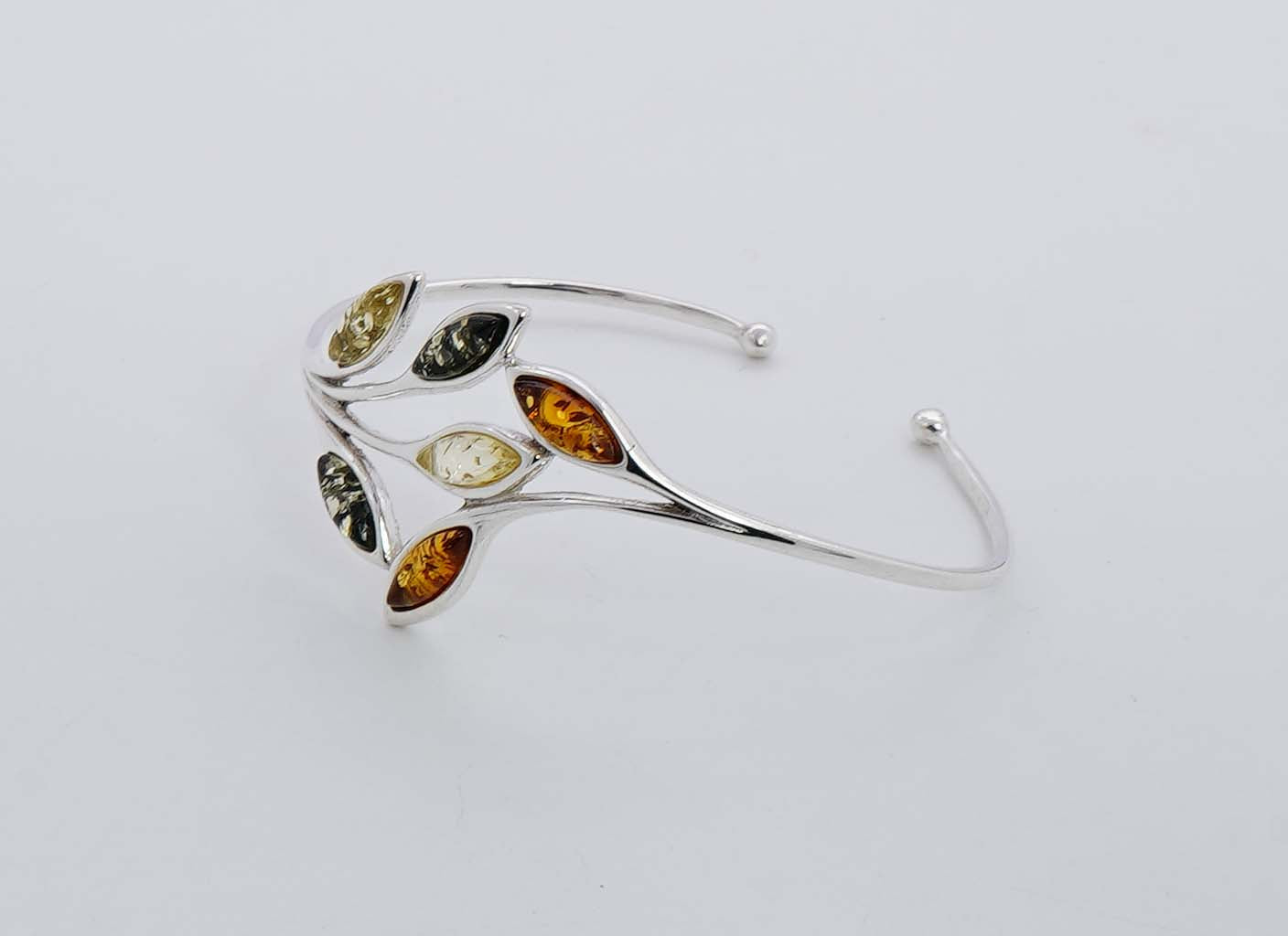 925 Solid Sterling Silver Natural Multi Baltic Amber Leaf Style Adjustable Bangle - 10 Grams