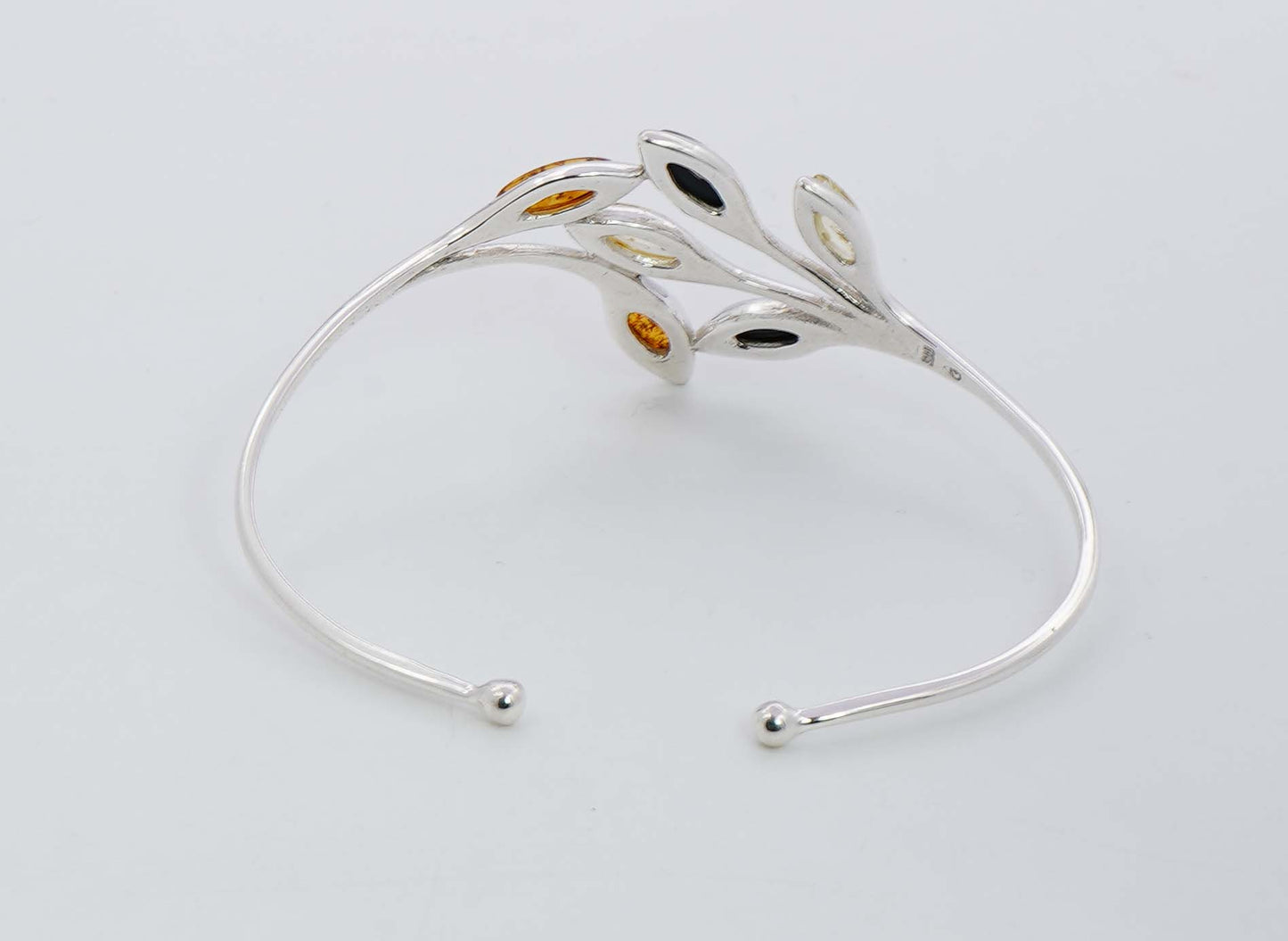 925 Solid Sterling Silver Natural Multi Baltic Amber Leaf Style Adjustable Bangle - 10 Grams