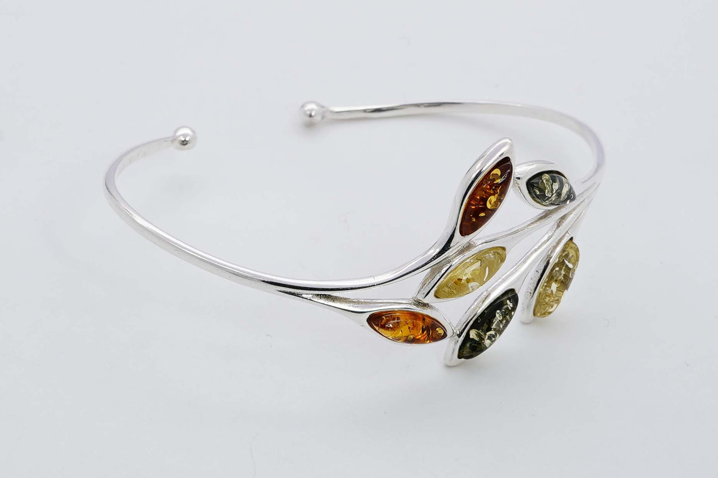 925 Solid Sterling Silver Natural Multi Baltic Amber Leaf Style Adjustable Bangle - 10 Grams