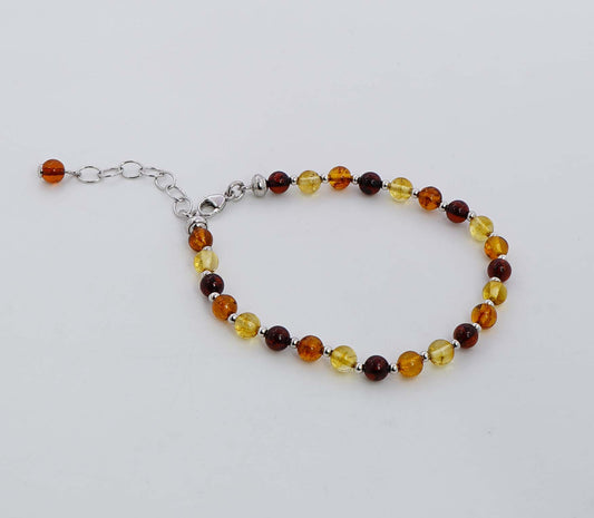 925 Solid Sterling Silver Natural Multi Baltic Amber Adjustable Beaded Bracelet - 4 Grams