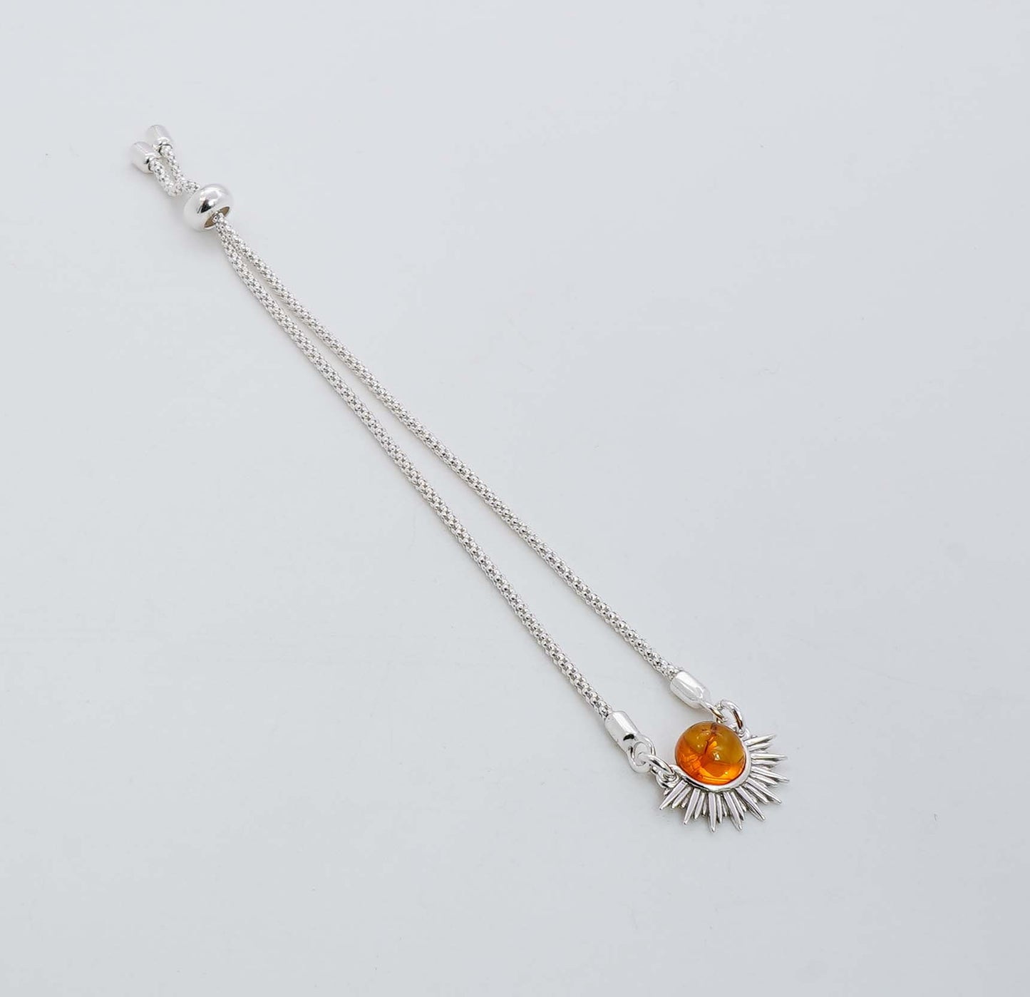 925 Solid Sterling Silver Natural Baltic Amber Adjustable Semi Sun Style Chain Bracelet - 3.8 Grams