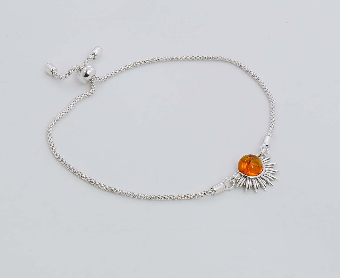 925 Solid Sterling Silver Natural Baltic Amber Adjustable Semi Sun Style Chain Bracelet - 3.8 Grams