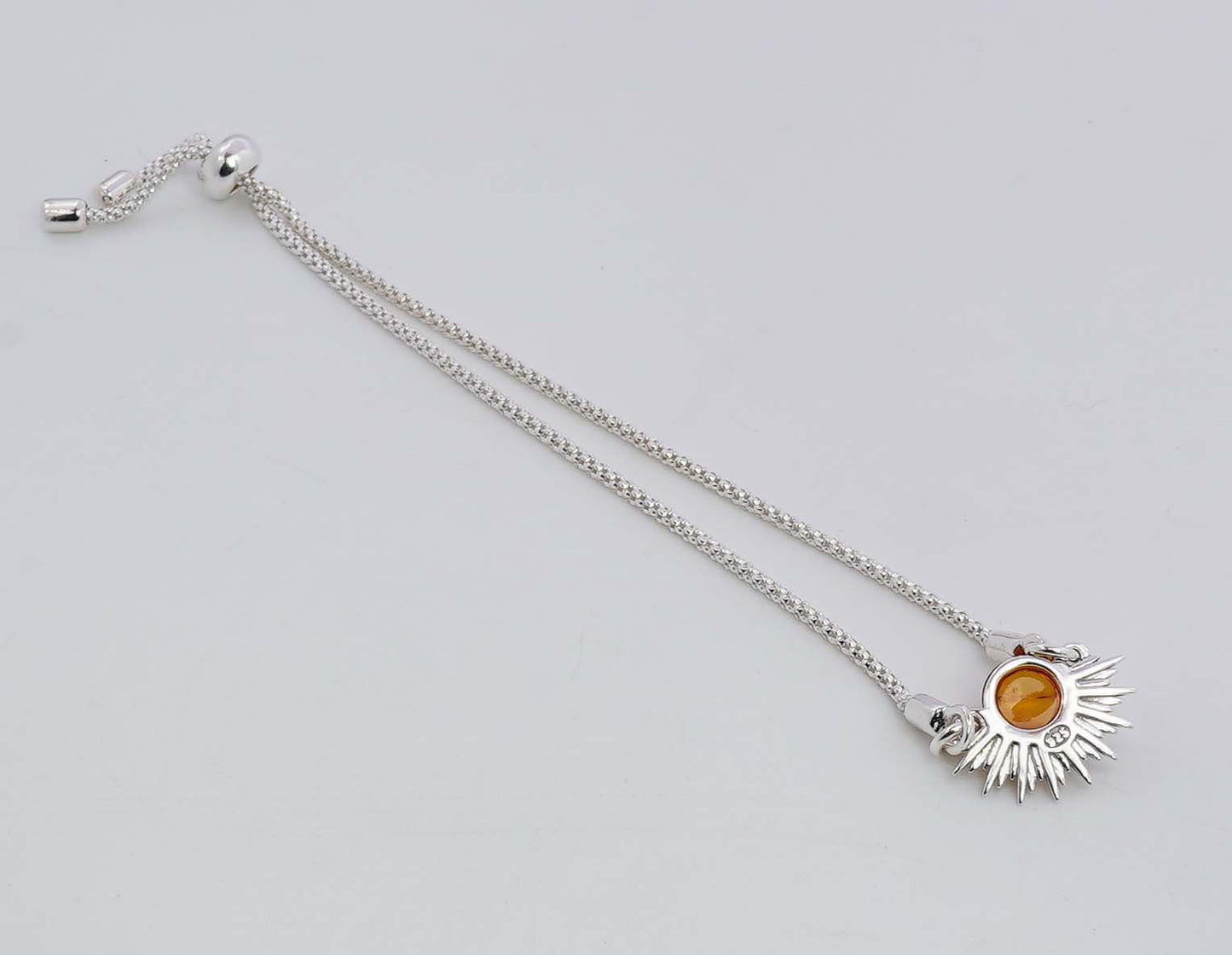 925 Solid Sterling Silver Natural Baltic Amber Adjustable Semi Sun Style Chain Bracelet - 3.8 Grams