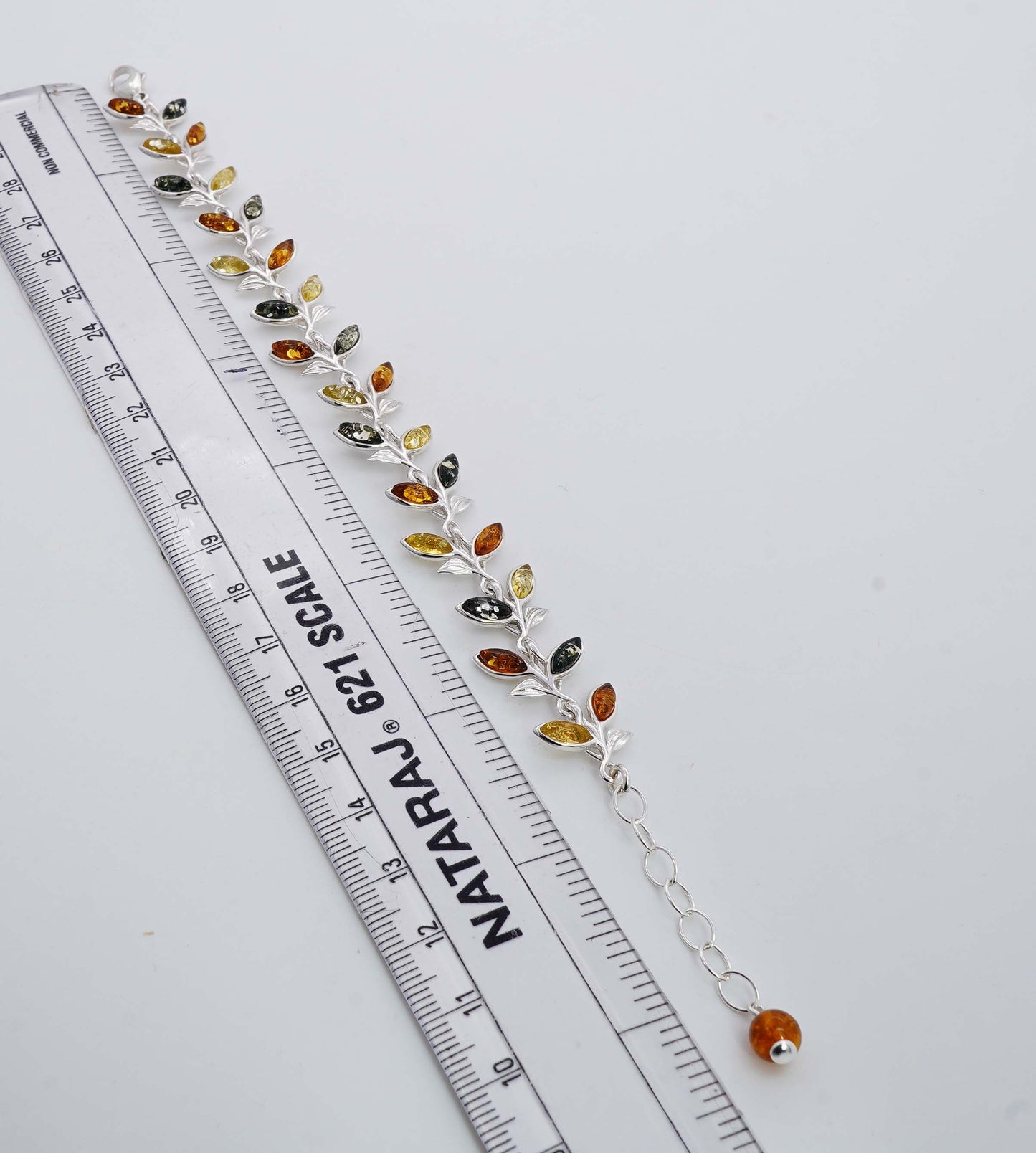 925 Solid Sterling Silver Natural Multi Baltic Amber Adjustable Leaf Style Bracelet - 12.8 Grams