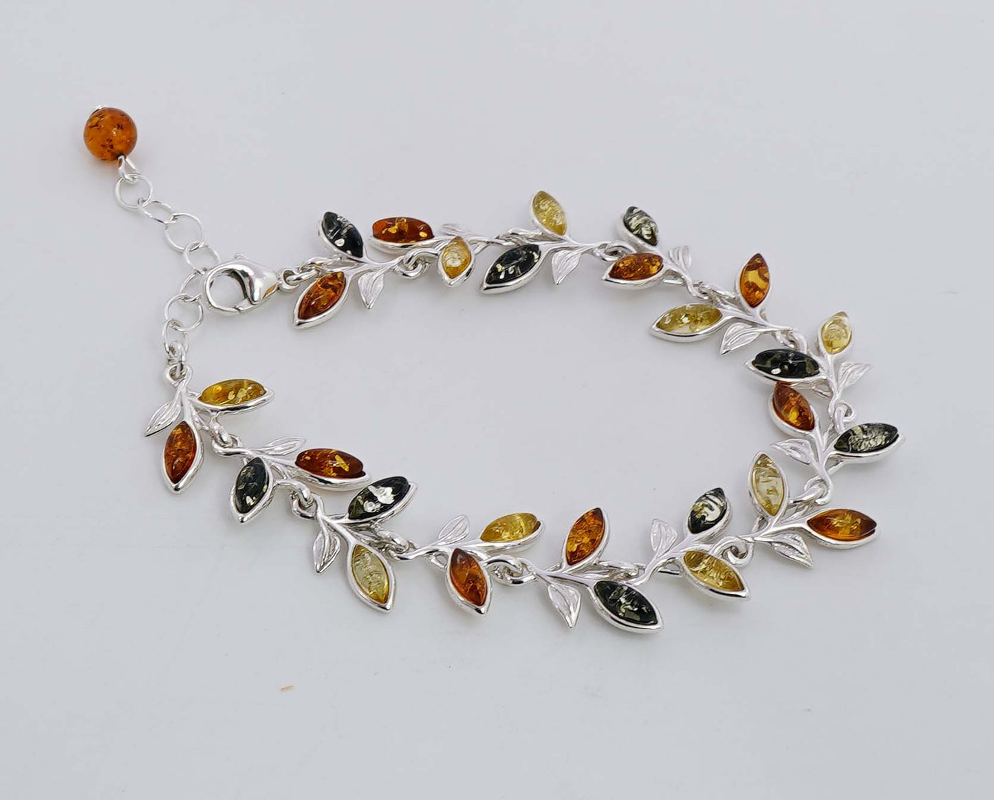 925 Solid Sterling Silver Natural Multi Baltic Amber Adjustable Leaf Style Bracelet - 12.8 Grams