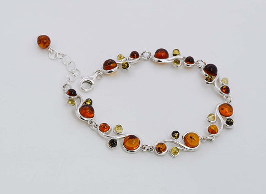 925 Solid Sterling Silver Natural Multi Baltic Amber Designer Adjustable Bracelet - 11 Grams