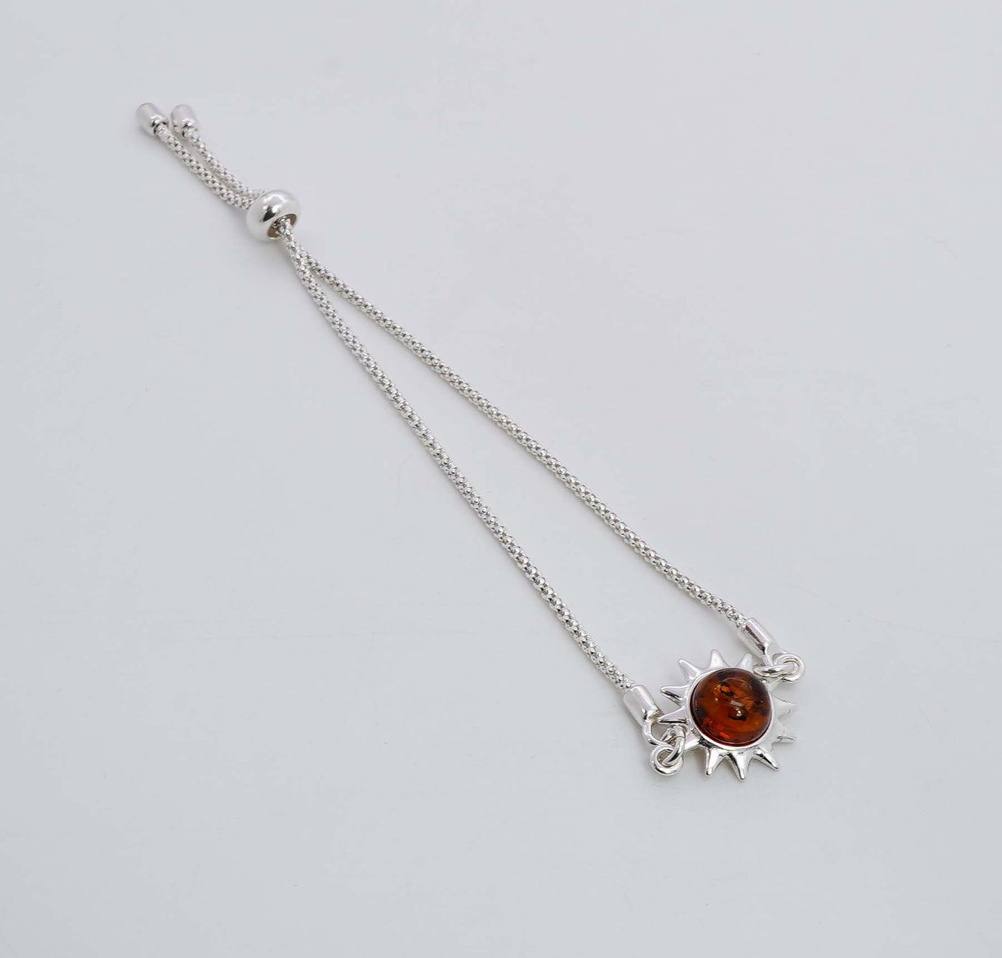 925 Solid Sterling Silver Natural Baltic Amber Adjustable Sun Style Chain Bracelet - 4.3 Grams