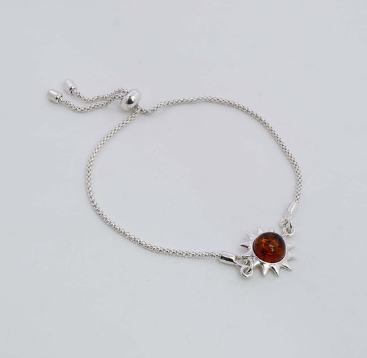 925 Solid Sterling Silver Natural Baltic Amber Adjustable Sun Style Chain Bracelet - 4.3 Grams